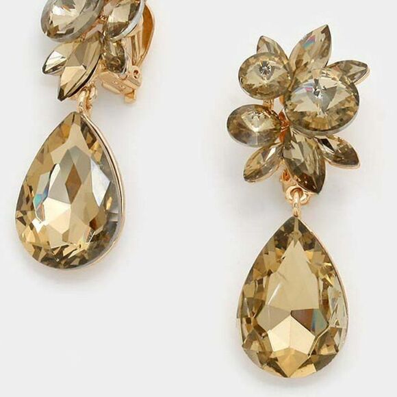Floral Brown Teardrop Crystal Clip On Earrings NWT - Picture 2 of 6
